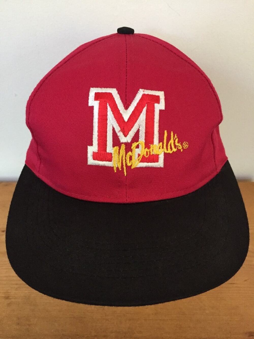 Vtg 90s McDonalds Embroidered Lettering Red Black Adjustable Snap Back Hat Cap